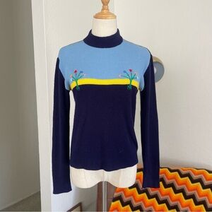 Vintage Boho Floral Embroidered Knit Colorblock Ribbed Sweater